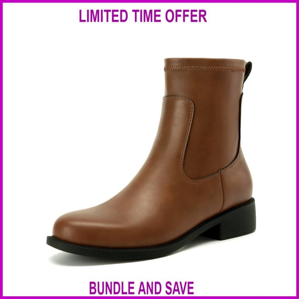 PU Leather Ankle Boots Chunky Low Heel Round Toe Side Zipper Chelsea Boots
